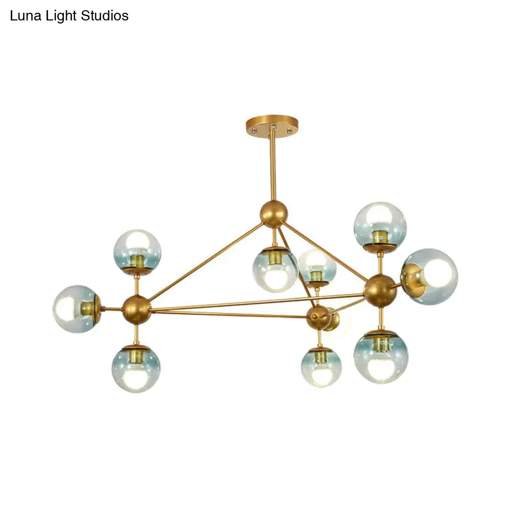 Contemporary Gold Chandelier With 10 Gradient Blue Glass Ball Lights For Bedroom