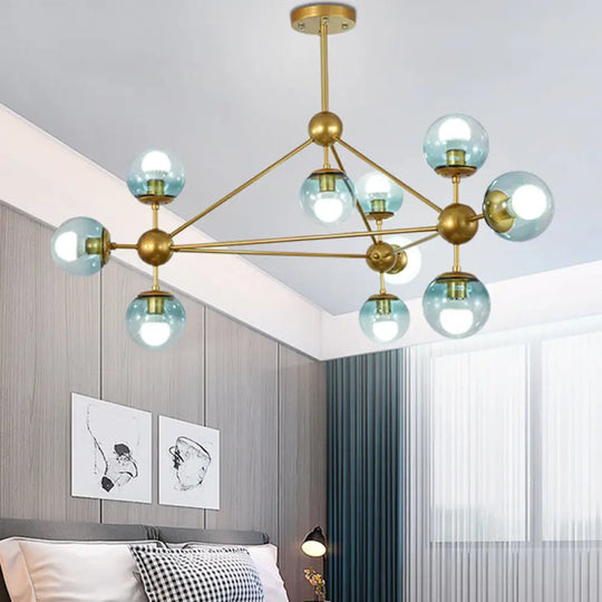 Contemporary 10-Head Gold Chandelier With Gradient Blue Glass Ball Pendant Lamp For Bedroom Lighting