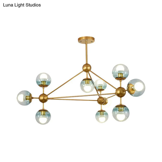 Contemporary 10-Head Gold Chandelier With Gradient Blue Glass Ball Pendant Lamp For Bedroom Lighting