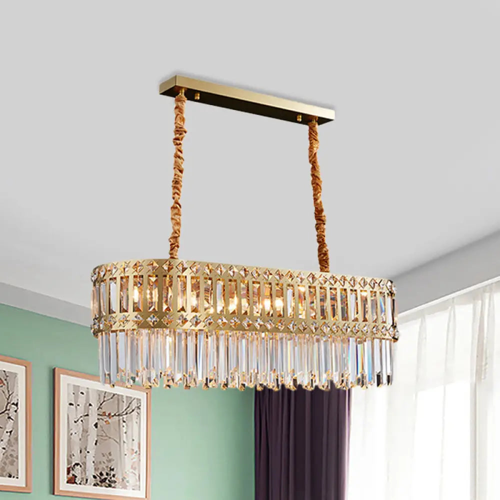 Contemporary 10-Light Crystal Pendant For Elongated Dining Tables In Gold