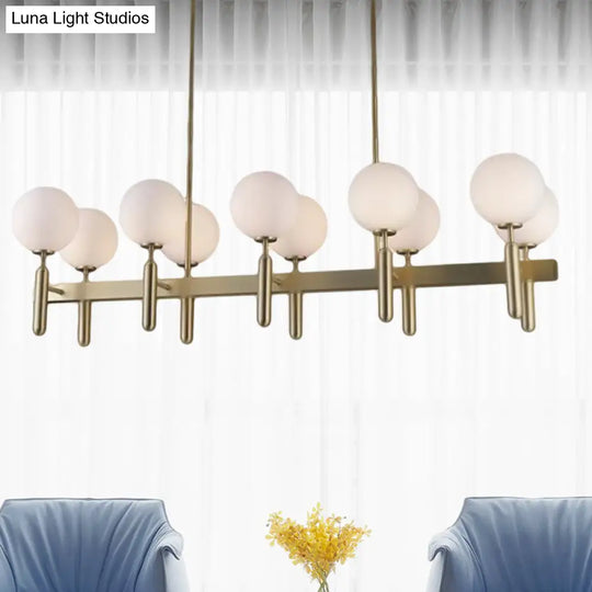 Contemporary 10-Light Pendant With Gold Linear Design And White Glass Shades Island Ceiling Light