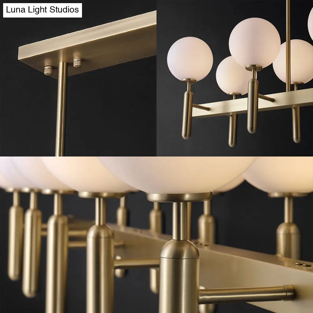 Contemporary 10-Light Pendant With Gold Linear Design And White Glass Shades Island Ceiling Light