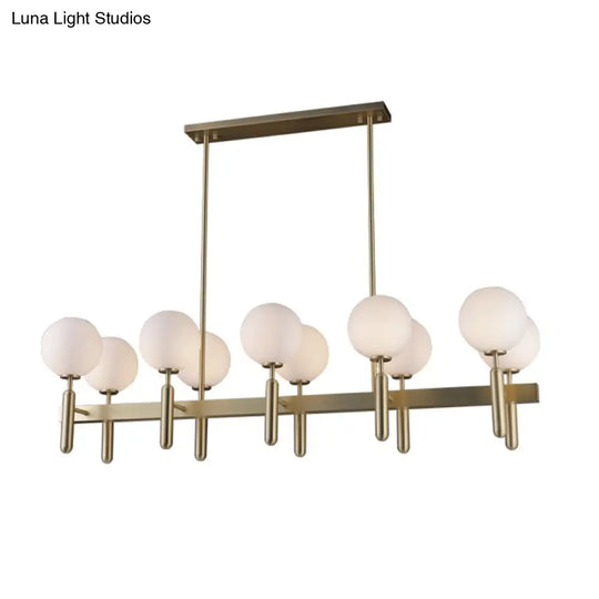 Contemporary 10-Light Pendant With Gold Linear Design And White Glass Shades Island Ceiling Light