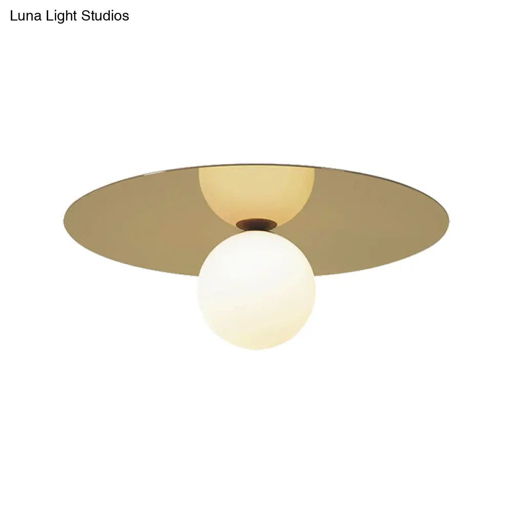 Contemporary 12’ Flushmount Ceiling Lamp With Brass Finish Milk Glass Shade & 1 Bulb