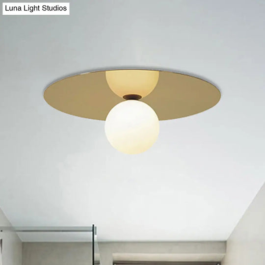 Contemporary 12’ Flushmount Ceiling Lamp With Brass Finish Milk Glass Shade & 1 Bulb