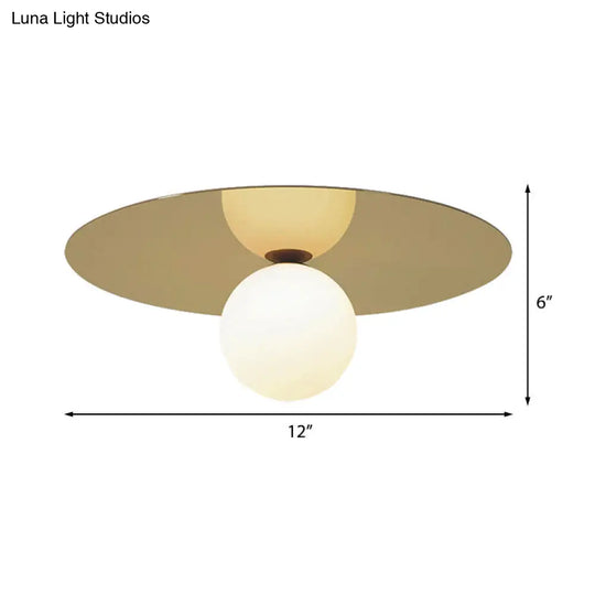 Contemporary 12 Flushmount Ceiling Lamp With Brass Finish Milk Glass Shade & 1 Bulb
