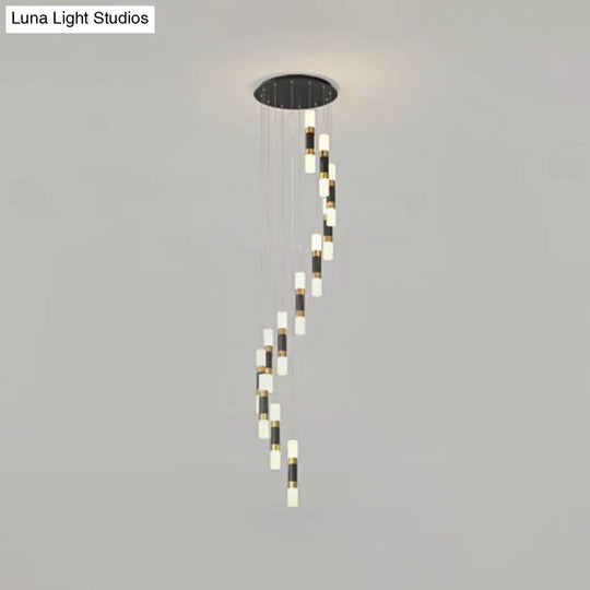 Contemporary Metal Tubular 12-Head Pendant Light Fixture In Black And White With Spiral Design