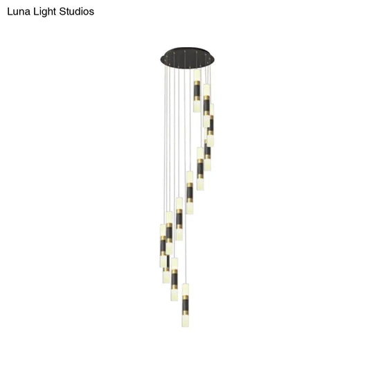 Contemporary Metal Tubular 12-Head Pendant Light Fixture In Black And White With Spiral Design