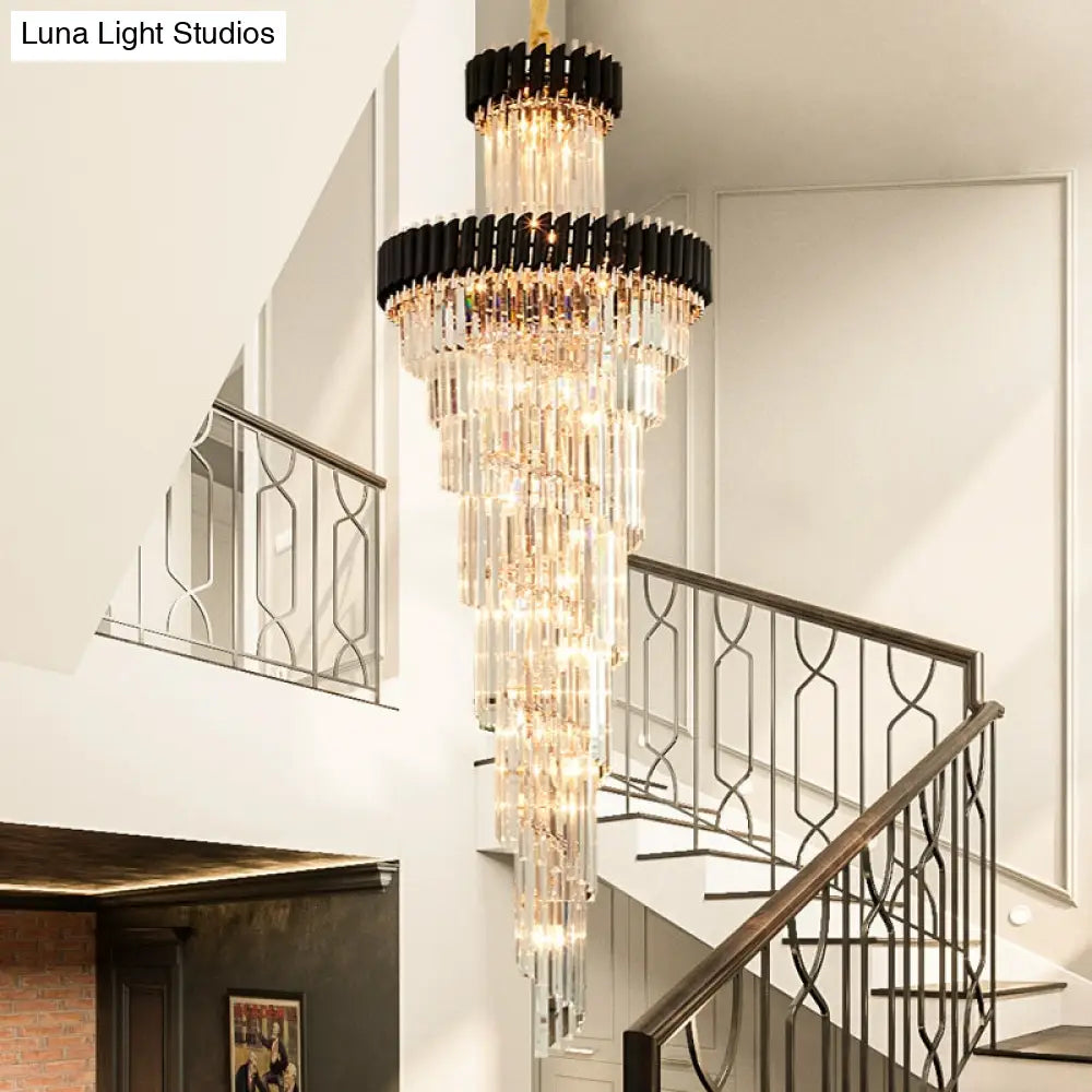 Contemporary 14-Light Spiral Crystal Prism Chandelier Black/Brass Perfect For Banquet Halls