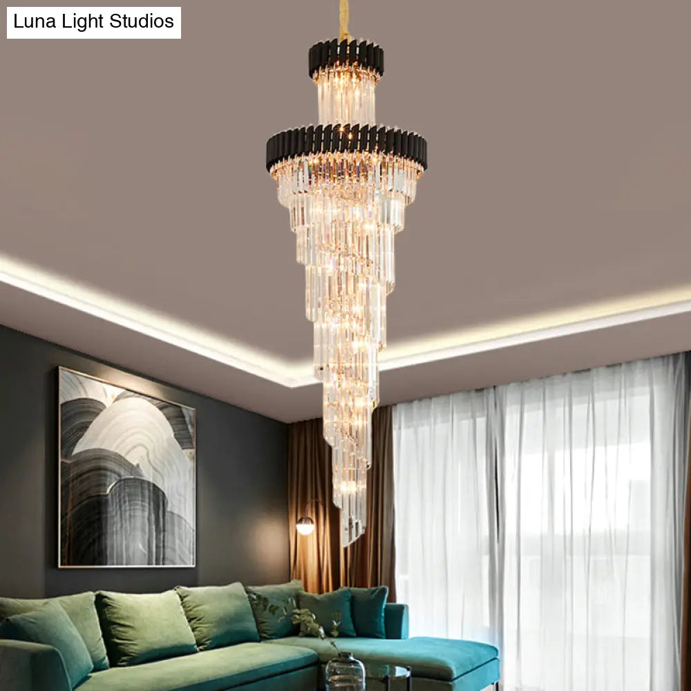 Contemporary 14-Light Spiral Crystal Prism Chandelier Black/Brass Perfect For Banquet Halls