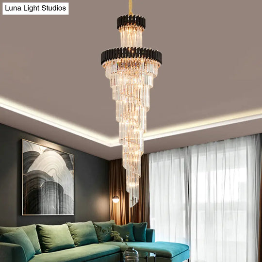 Contemporary Crystal Prism Chandelier - 14-Light Spiral Pendant Lamp For Banquet Halls Black/Brass