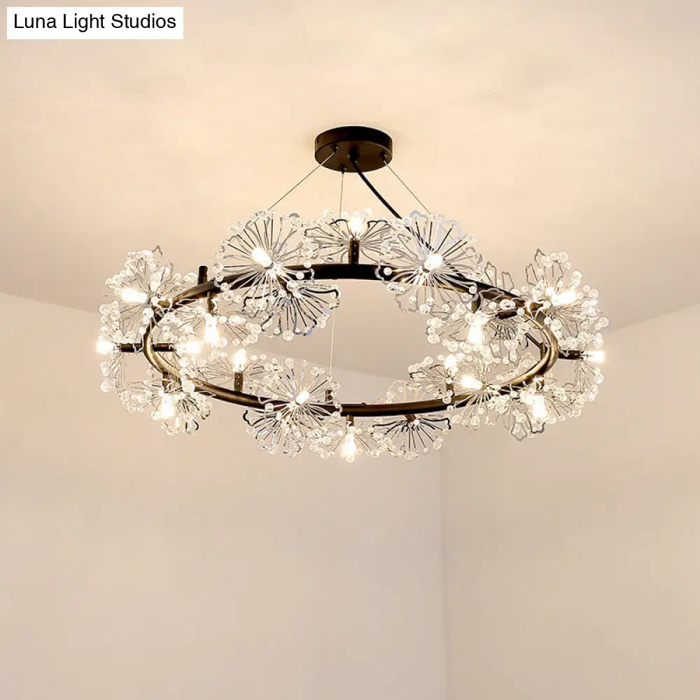 Contemporary 15-Head Crystal Beaded Chandelier Lamp: Flower Living Room Hanging Light In Black