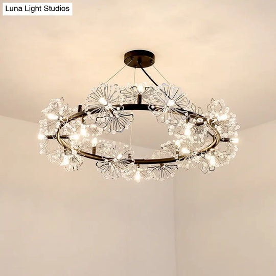 Contemporary 15-Head Crystal Beaded Chandelier Lamp: Flower Living Room Hanging Light In Black