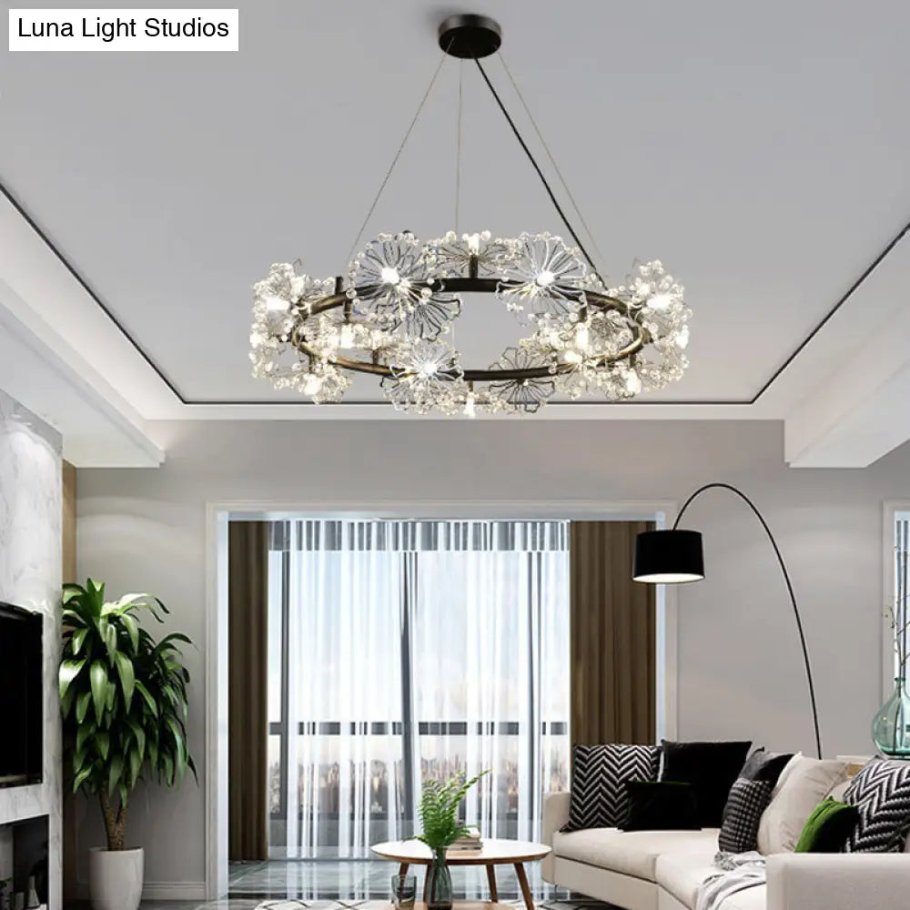 Contemporary 15-Head Crystal Beaded Chandelier Lamp: Flower Living Room Hanging Light In Black