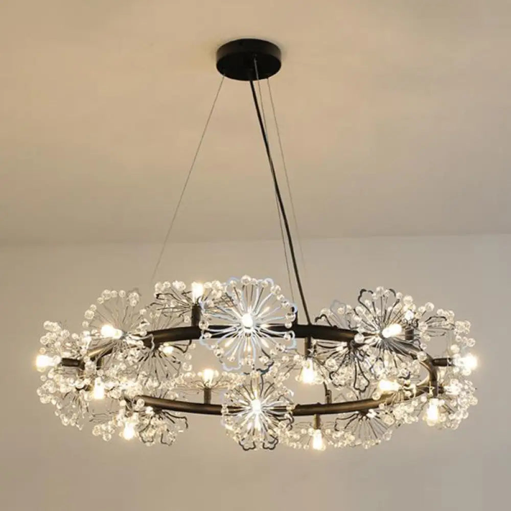 Contemporary 15-Head Crystal Beaded Chandelier Lamp: Flower Living Room Hanging Light In Black