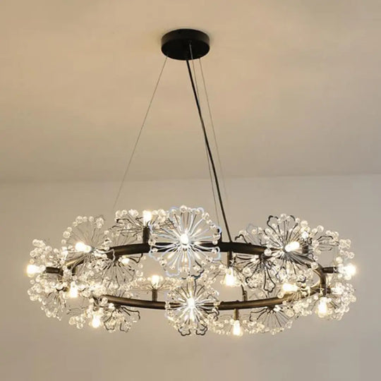 Contemporary 15-Head Crystal Beaded Chandelier Lamp: Flower Living Room Hanging Light In Black