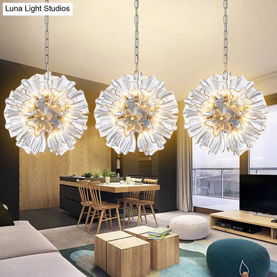 Contemporary 19-Bulb Chrome Suspension Chandelier With Blossom Design - Star Clear Glass Lighting