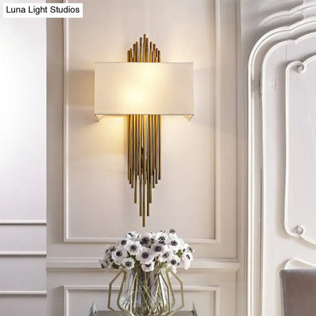 Contemporary 2-Head Fabric Shade Wall Sconce - Modern Rectangle Design In Black/White/Flaxen Ideal