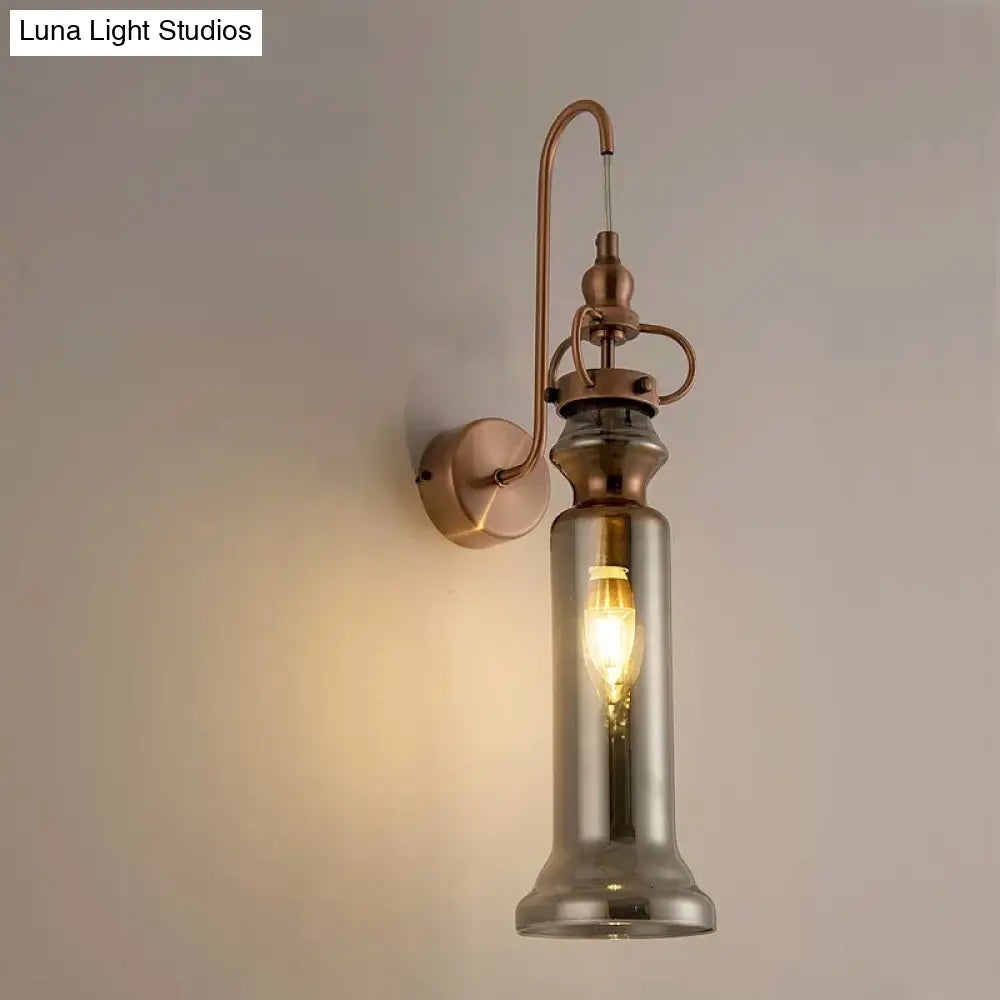 Contemporary 2-Light Copper Finish Wall Sconce With Smoke Gray/Amber Glass Tube & Gooseneck Arm