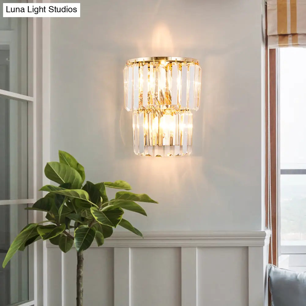 Contemporary 2-Light Crystal Block Wall Lamp: Elegant Clear Sconce For Dining Room