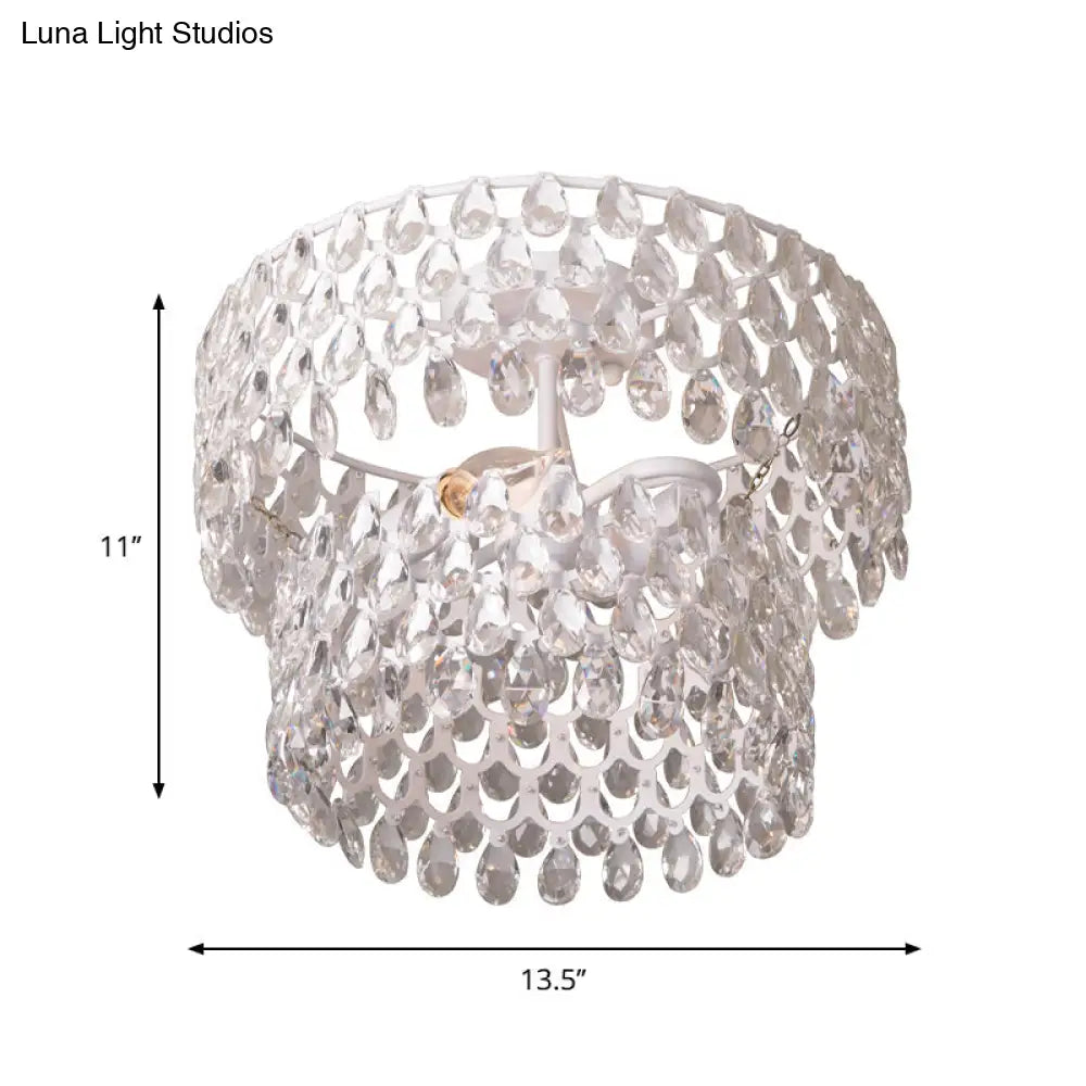 Contemporary 2-Light White Flush Mount With Crystal Droplet Accents