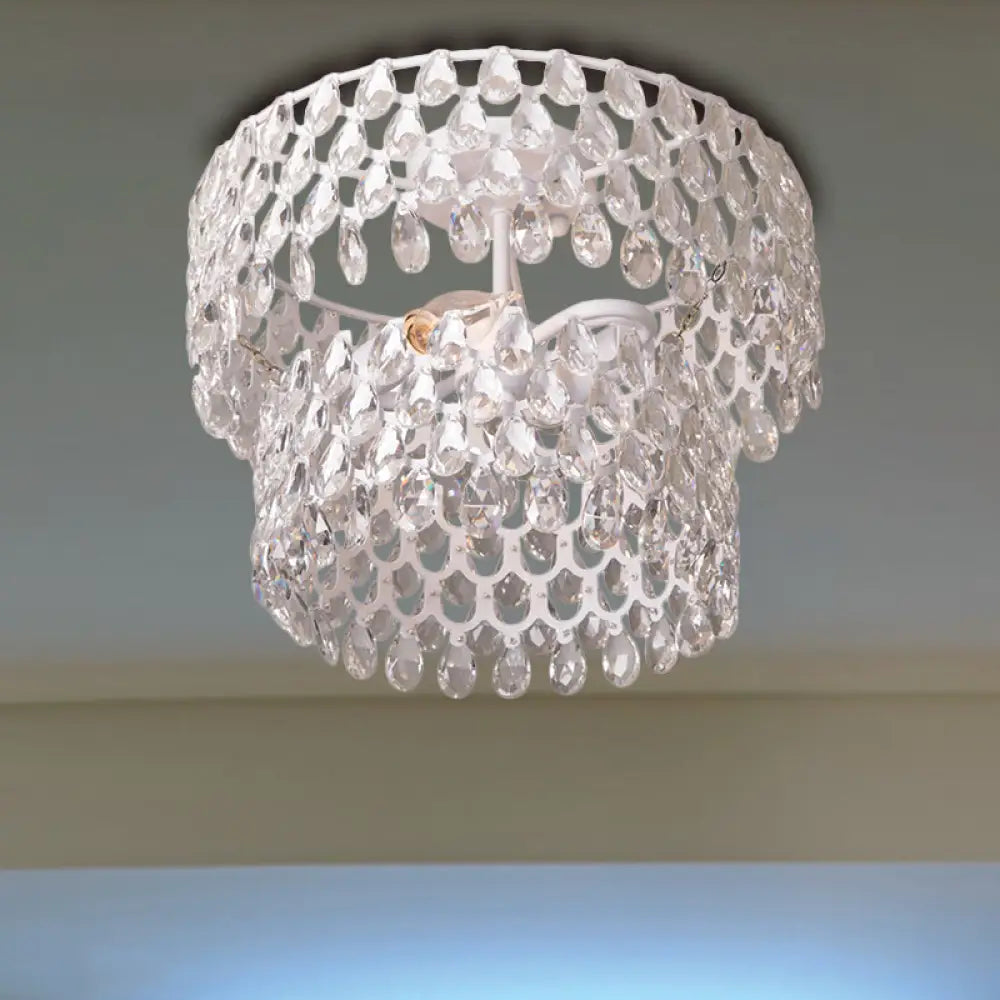 Contemporary 2-Light White Flush Mount With Crystal Droplet Accents