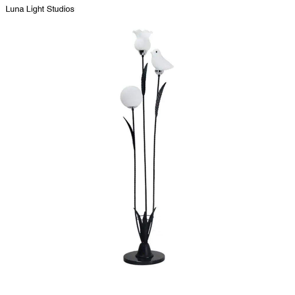 Contemporary 3-Bulb Tree Floor Light With Black/White Stand-Up Lamp And Cream Glass Shade