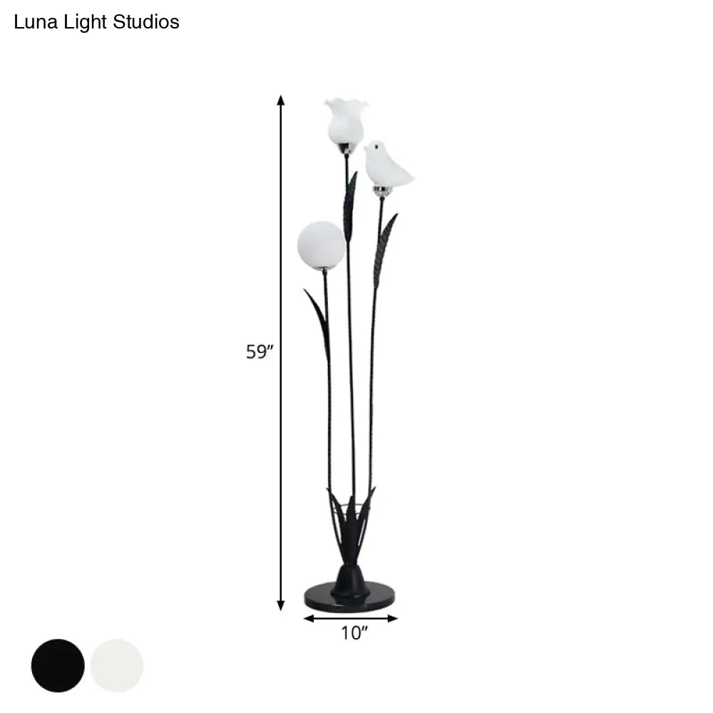 Contemporary 3-Bulb Tree Floor Light With Black/White Stand-Up Lamp And Cream Glass Shade