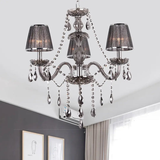 Contemporary 3-Head Grey Crystal Candelabra Chandelier With Fabric Shade - Ceiling Suspended