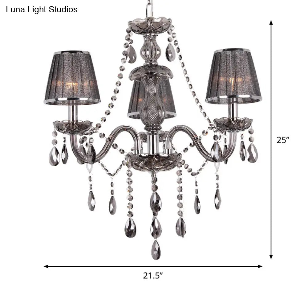 Contemporary 3-Head Grey Crystal Candelabra Chandelier With Fabric Shade - Ceiling Suspended