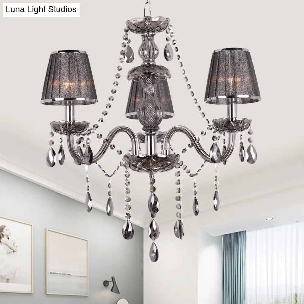 Contemporary 3-Head Grey Crystal Candelabra Chandelier With Fabric Shade - Ceiling Suspended