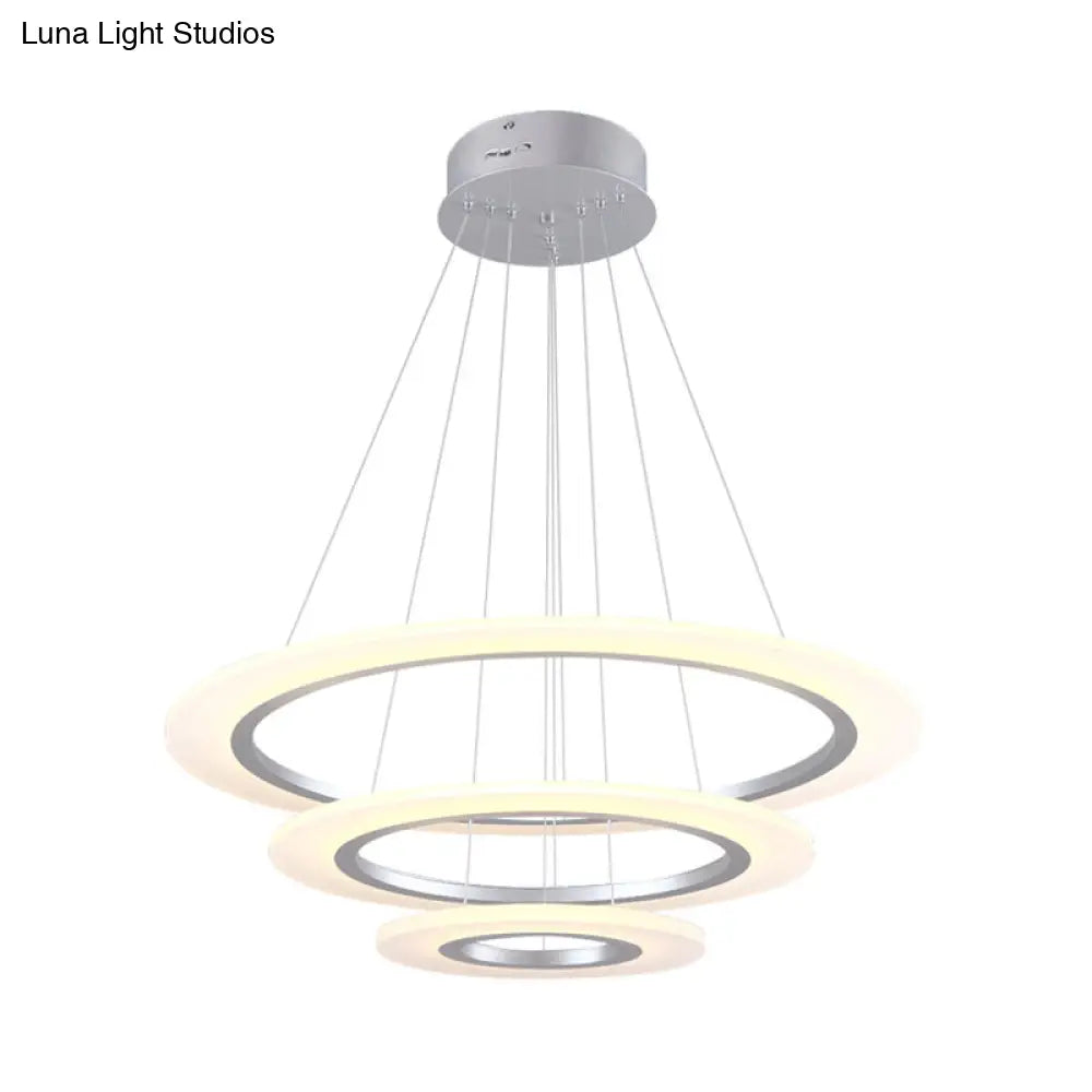 Minimalist 3-Layer Round Pendant Led Chandelier For Living Room - Silver