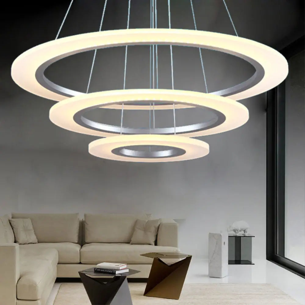 Contemporary 3-Layer Round Led Chandelier - Silver Acrylic Ceiling Pendant For Living Room