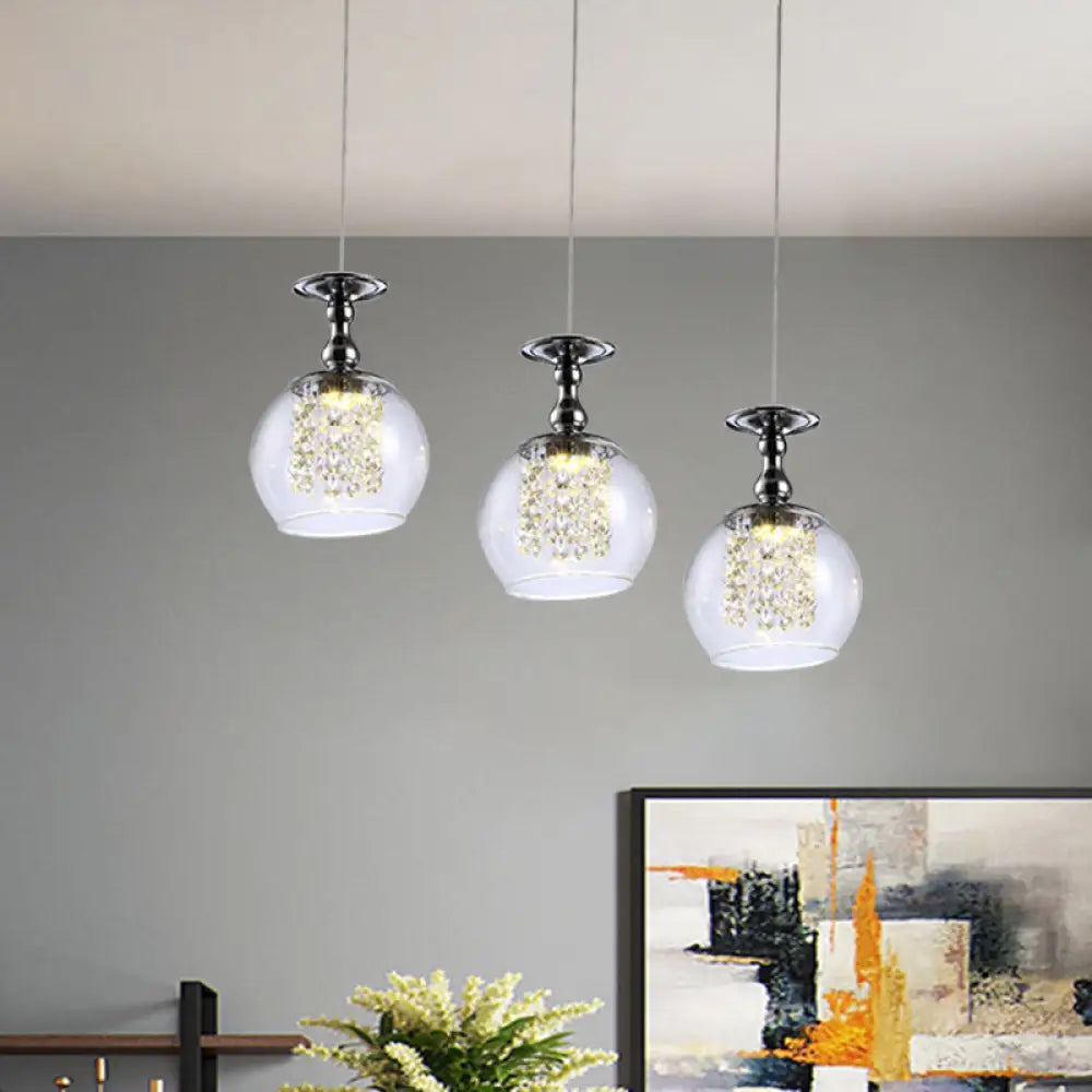 Contemporary 3-Light Clear Glass Wine Pendant Light Kit With Chrome Finish And Crystal Droplets