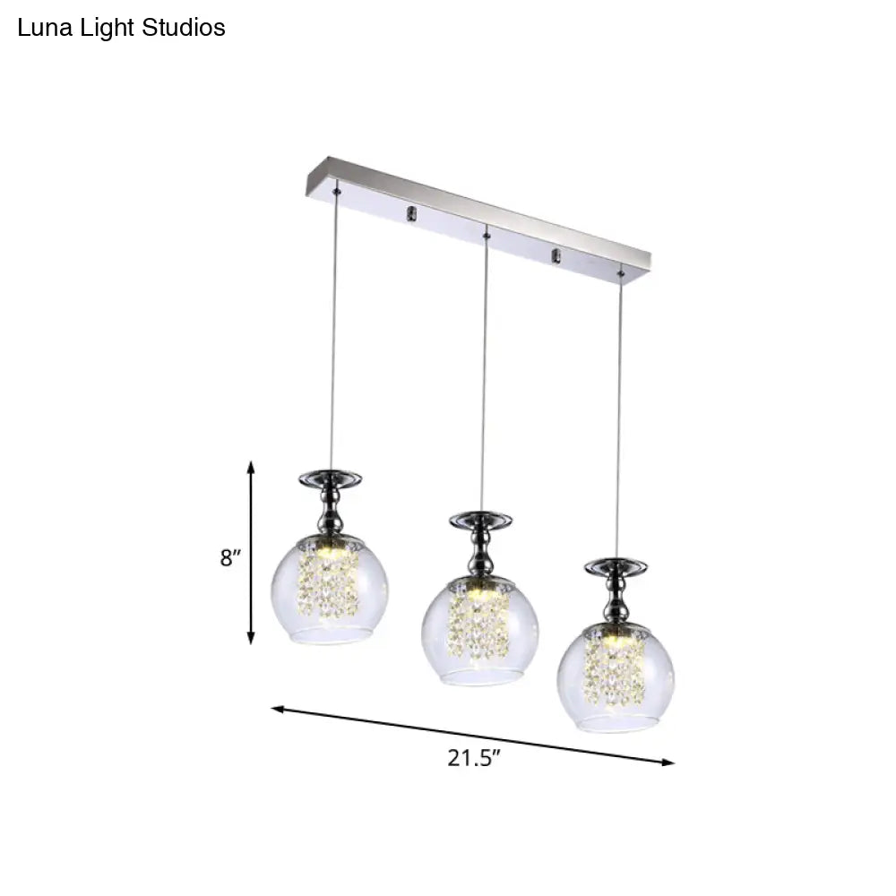 Contemporary 3-Light Clear Glass Wine Pendant Light Kit With Chrome Finish And Crystal Droplets