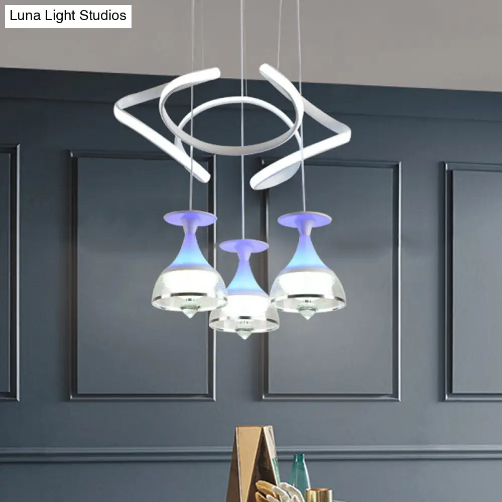 Contemporary 3-Light Wine Cup Pendant Cluster With White Waving Design - Acrylic Shade Included