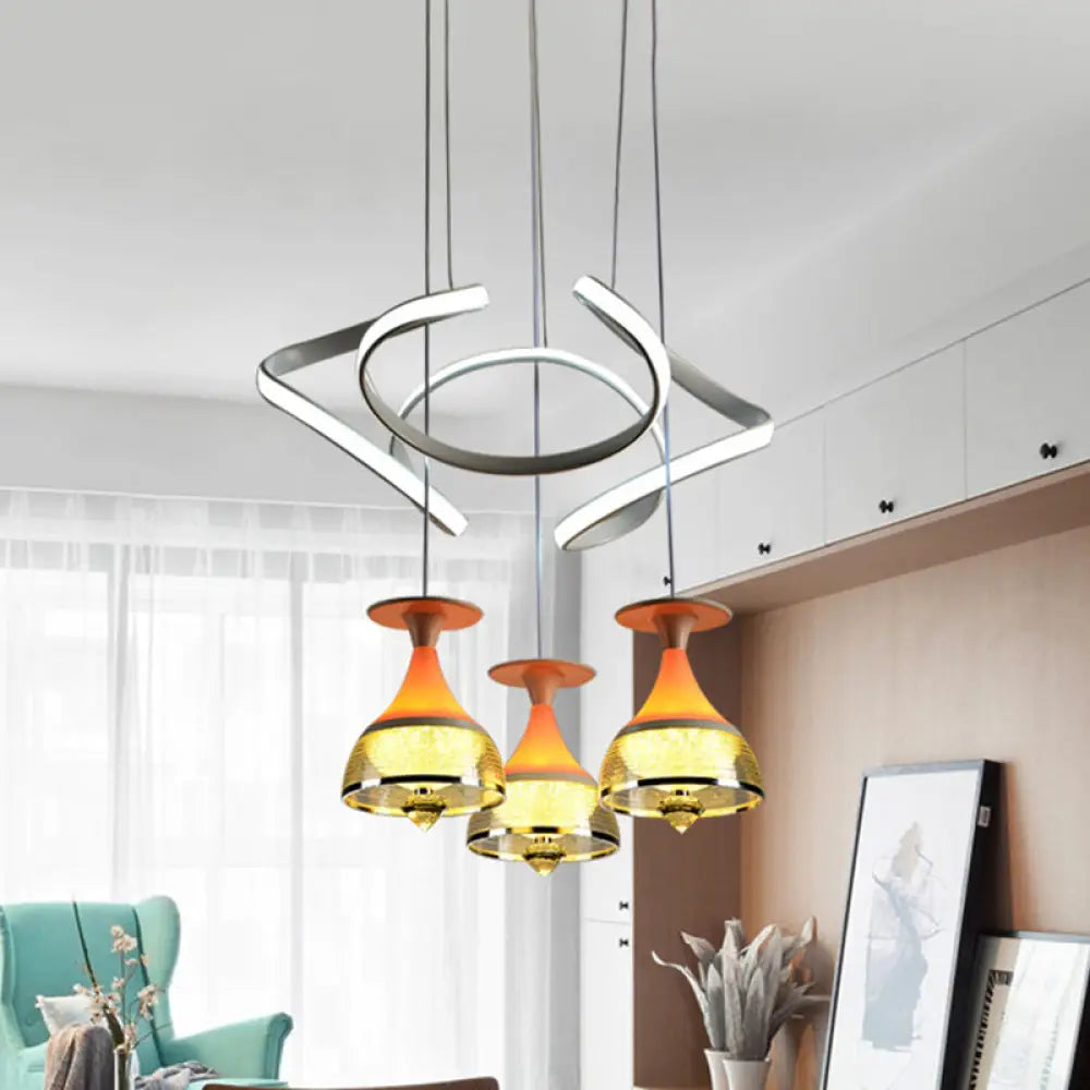 Contemporary 3-Light Wine Cup Pendant Cluster With White Waving Design - Acrylic Shade Included