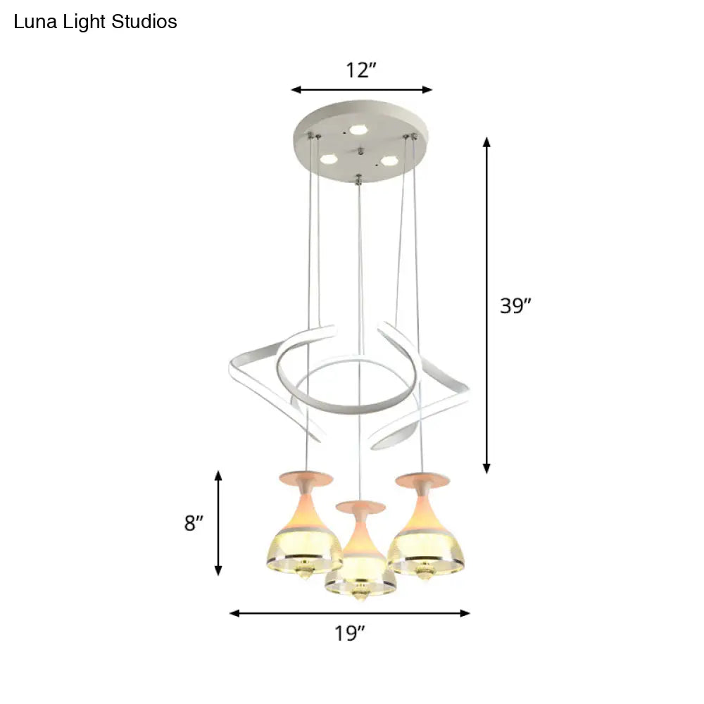 Contemporary 3-Light Wine Cup Pendant Cluster With White Waving Design - Acrylic Shade Included