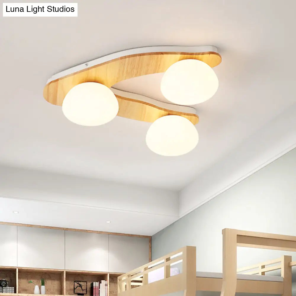Contemporary 3-Light Wood Beige Ceiling Flush Mount With White Glass Shade