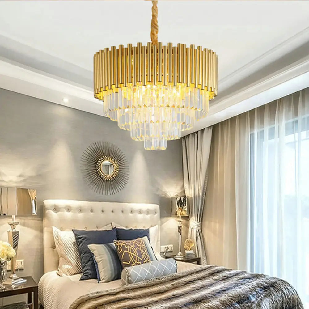 Contemporary 3-Tier Circle Metal Pendant Chandelier Light With K9 Block Brass Finish / 21.5’’