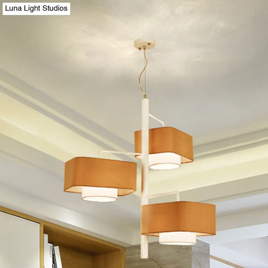 Contemporary 3-Tier Dual Shade Chandelier - Brown Fabric 3-Light Hanging Light Fixture For Dining