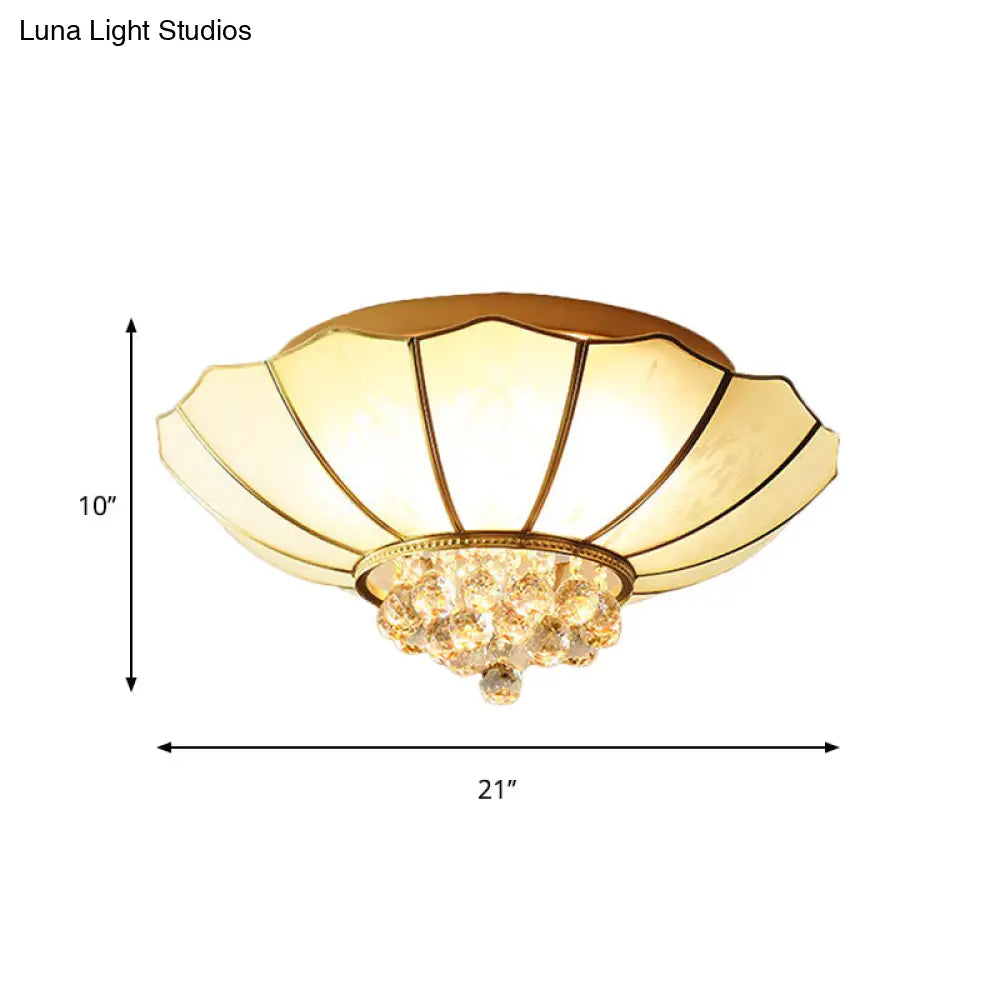Contemporary 4/6-Light White Flared Ceiling Flush Mount With Ribbed Glass And Crystal Finial