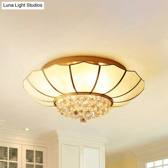 Contemporary 4/6 - Light White Flared Ceiling Flush Mount With Ribbed Glass And Crystal Finial