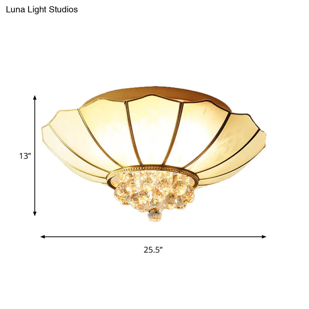 Contemporary 4/6 - Light White Flared Ceiling Flush Mount With Ribbed Glass And Crystal Finial