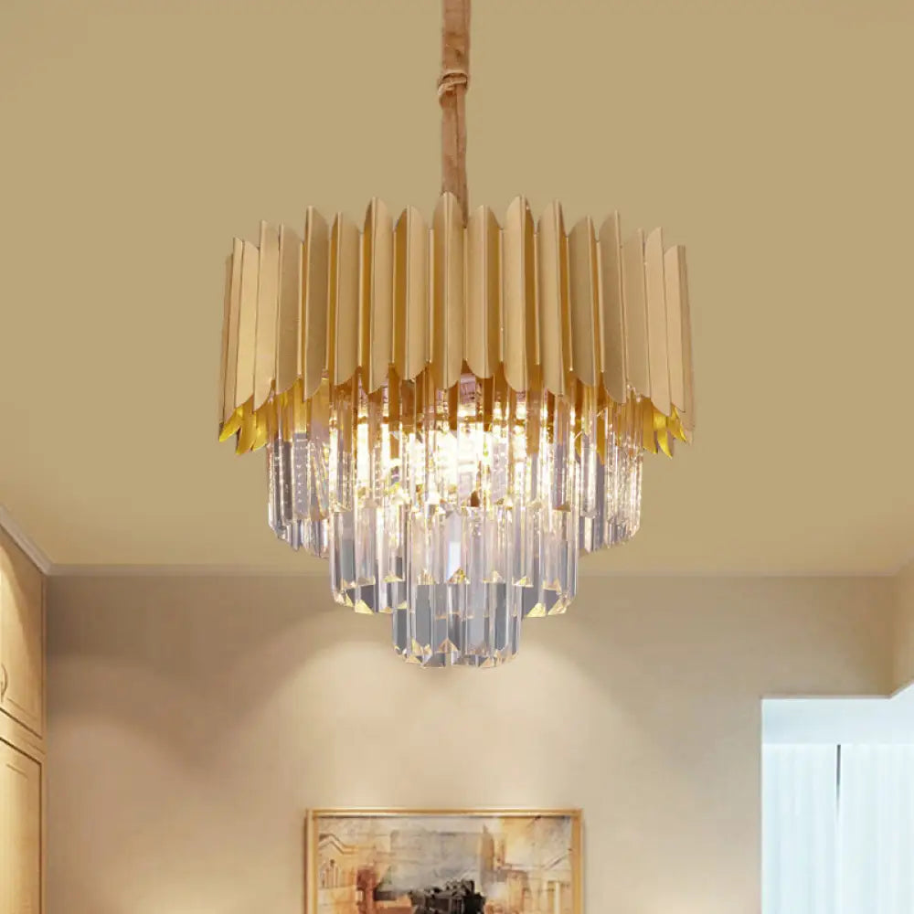 Contemporary 4/8 Bulb Crystal Rectangle Hanging Lamp In Gold – Taper Faceted Design 16’/23.5’