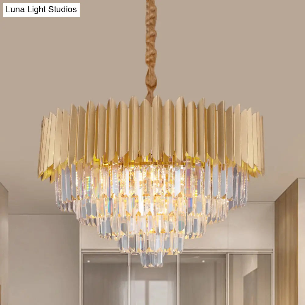 Contemporary Gold Crystal Chandelier With Tapered Faceted Rectangle Design - 4/8 Bulb Parlor Hanging