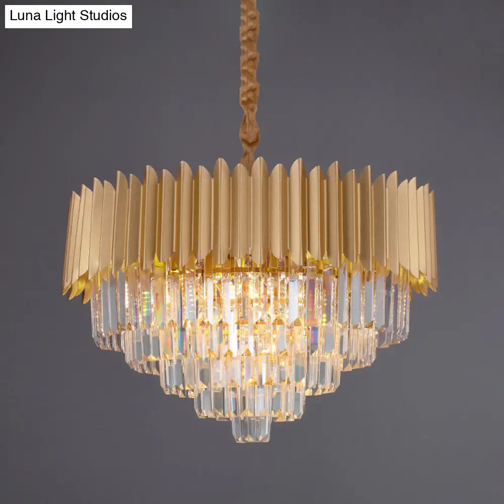 Contemporary Gold Crystal Chandelier With Tapered Faceted Rectangle Design - 4/8 Bulb Parlor Hanging