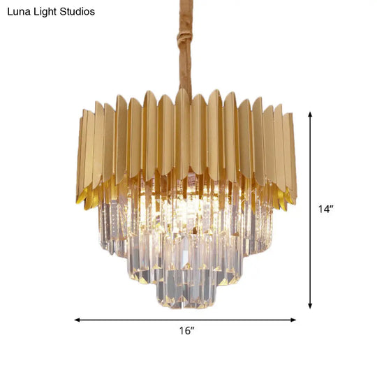 Contemporary Gold Crystal Chandelier With Tapered Faceted Rectangle Design - 4/8 Bulb Parlor Hanging