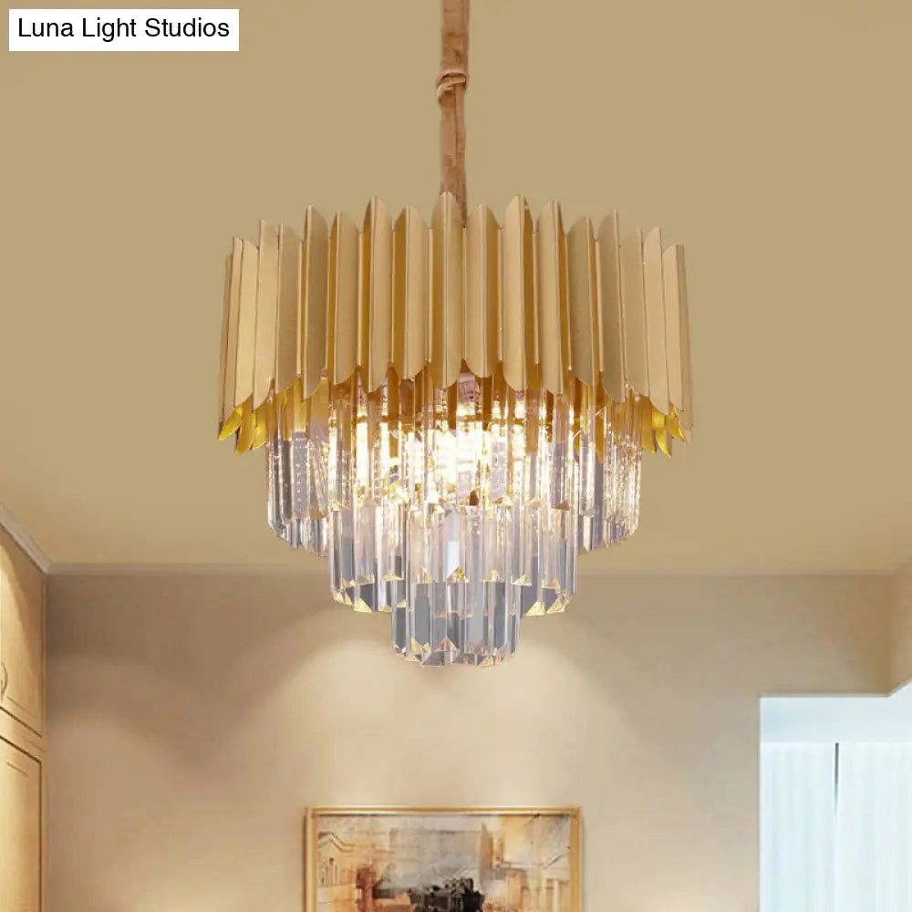 Contemporary Gold Crystal Chandelier With Tapered Faceted Rectangle Design - 4/8 Bulb Parlor Hanging