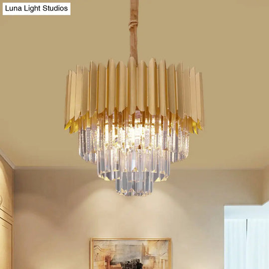 Contemporary Gold Crystal Chandelier With Tapered Faceted Rectangle Design - 4/8 Bulb Parlor Hanging